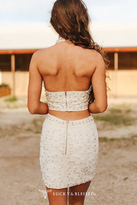 White Rhinestone Pearl Detail Boot-stitch Design Skirt