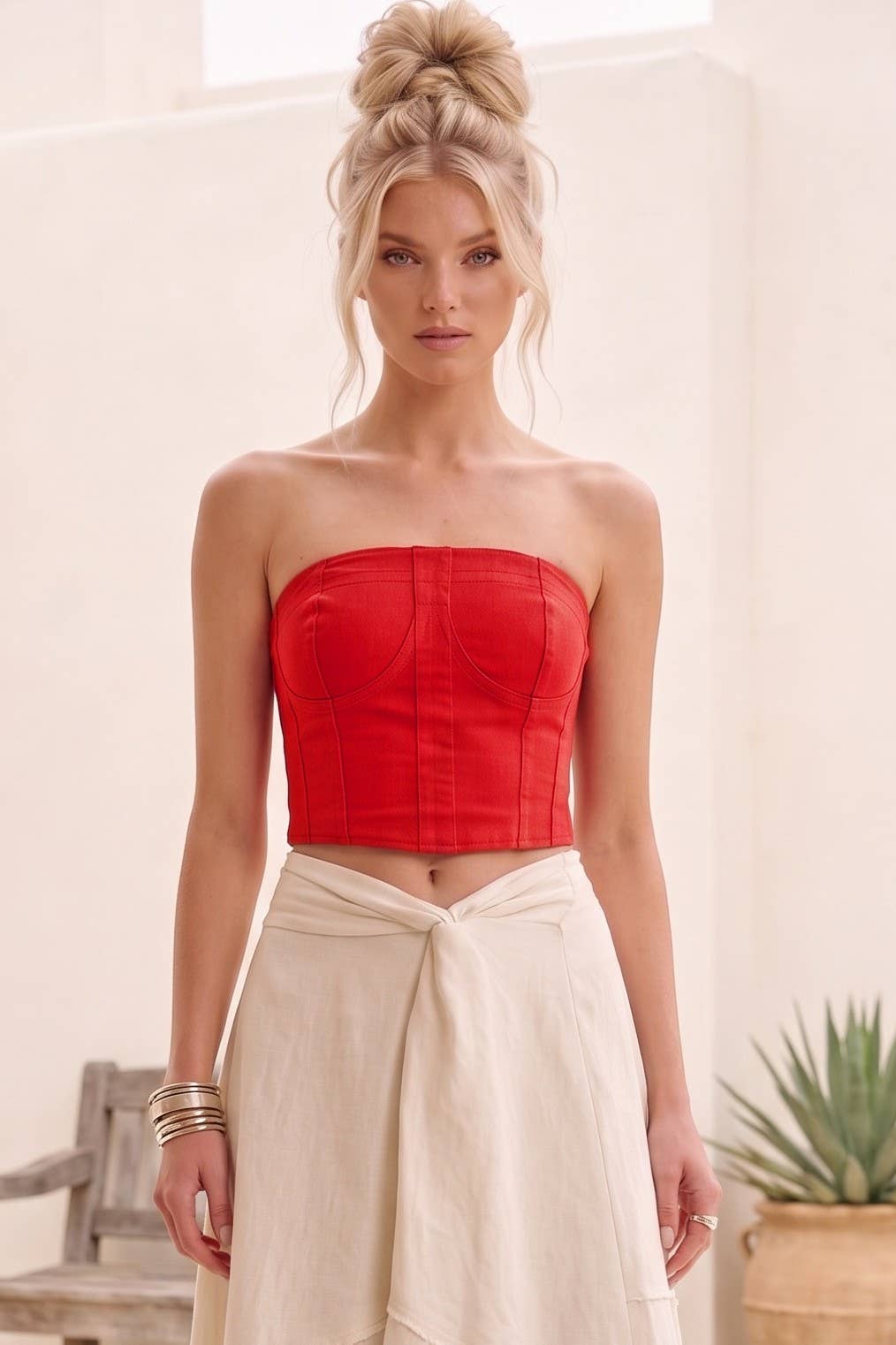 CROPPED BUSTIER TUBE DENIM TOP