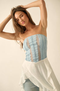 Tencel Denim and Gauze Strapless Ruffled Maxi Top