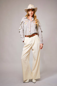 Gingham Embroidered Western Snap Blouse