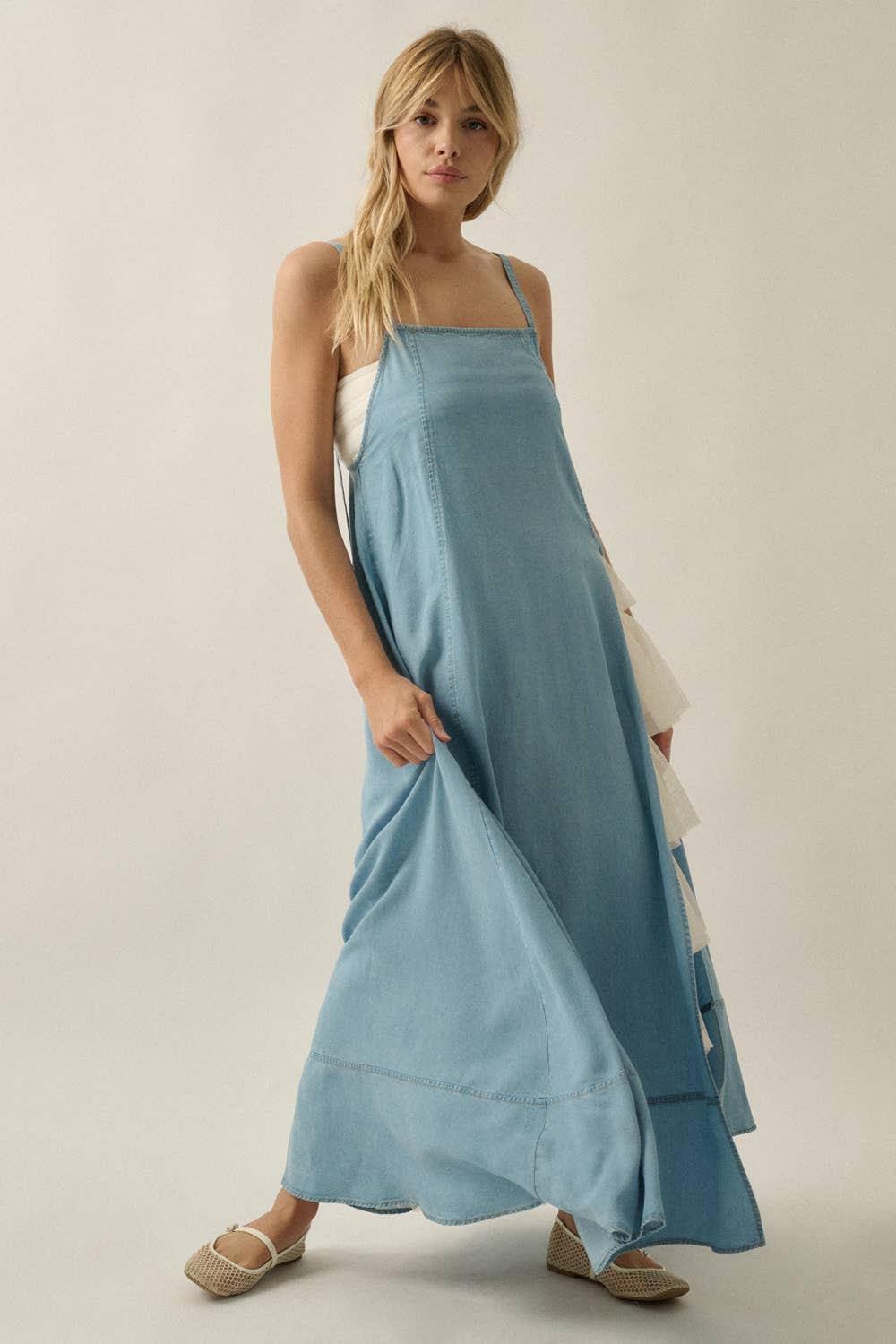 Tencel Denim A-Line Open-Back Leg-Out Maxi Dress