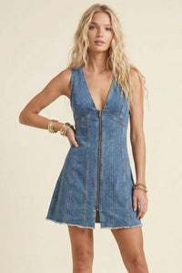 FITTED PANELLED DENIM MINI DRESS WITH ZIPPER FRONT DETAIL