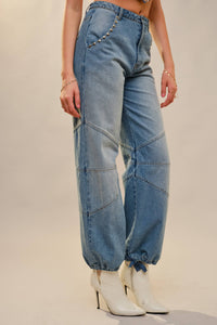 Metal Stud Drawstring Hem Jeans