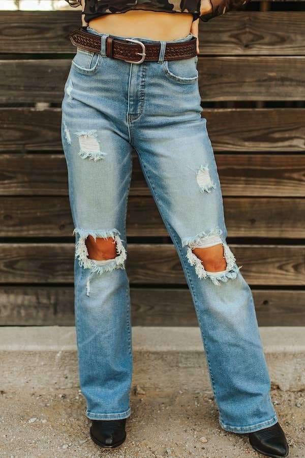 Light Wash High Rise Distressed Bootcut Jeans (33.5in)