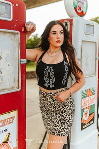 Brown Leopard Stretch Denim Printed Raw Hem Skirt