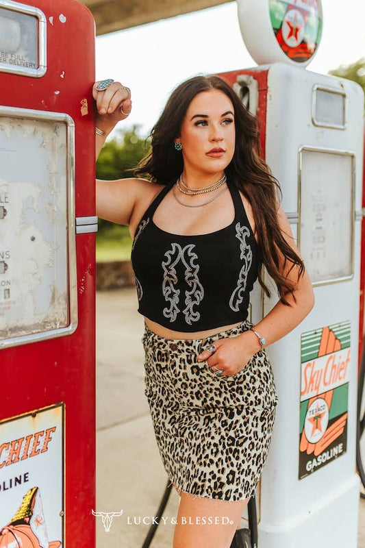 Brown Leopard Stretch Denim Printed Raw Hem Skirt