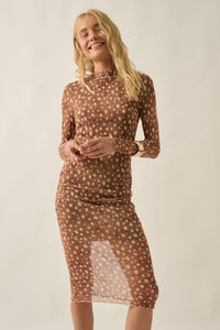 Abstract Polka Dot Mesh Mock-Neck Long-Sleeve Midi Dress