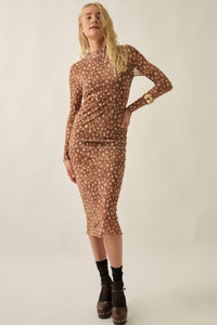 Abstract Polka Dot Mesh Mock-Neck Long-Sleeve Midi Dress