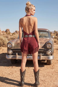 Faux Suede Fringe Romper