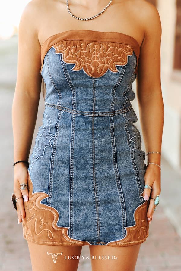 Stone Wash Denim Dress W Camel Suede Boot Stitch Embroidery