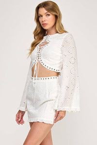 Eyelet Lace Up Crop Top + Mini Skirt Set