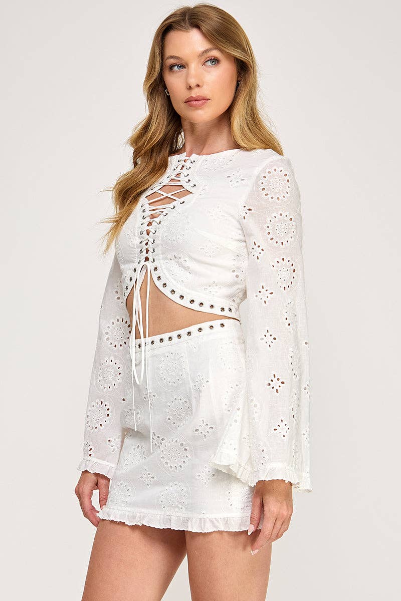 Eyelet Lace Up Crop Top + Mini Skirt Set