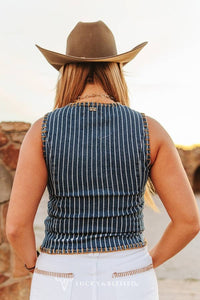 Denim Stripe Camel Stitch Vest