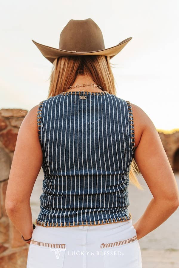 Denim Stripe Camel Stitch Vest