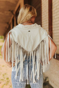 Ivory Bone Suede Hand Stitch Collar Cape With Fringe