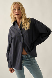 Plaid Button-Front Collared Long-Sleeve Oversize Shirt