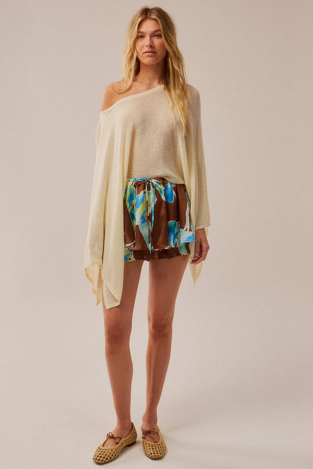 Sheer Lightweight Knit Cropped Poncho Sweater