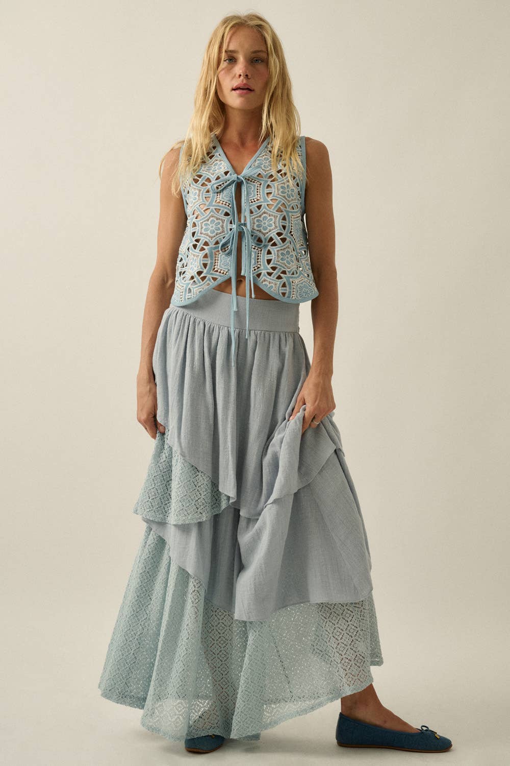 Denim Cutout Embroidered Floral Tie-Front Vest