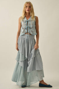 Denim Cutout Embroidered Floral Tie-Front Vest