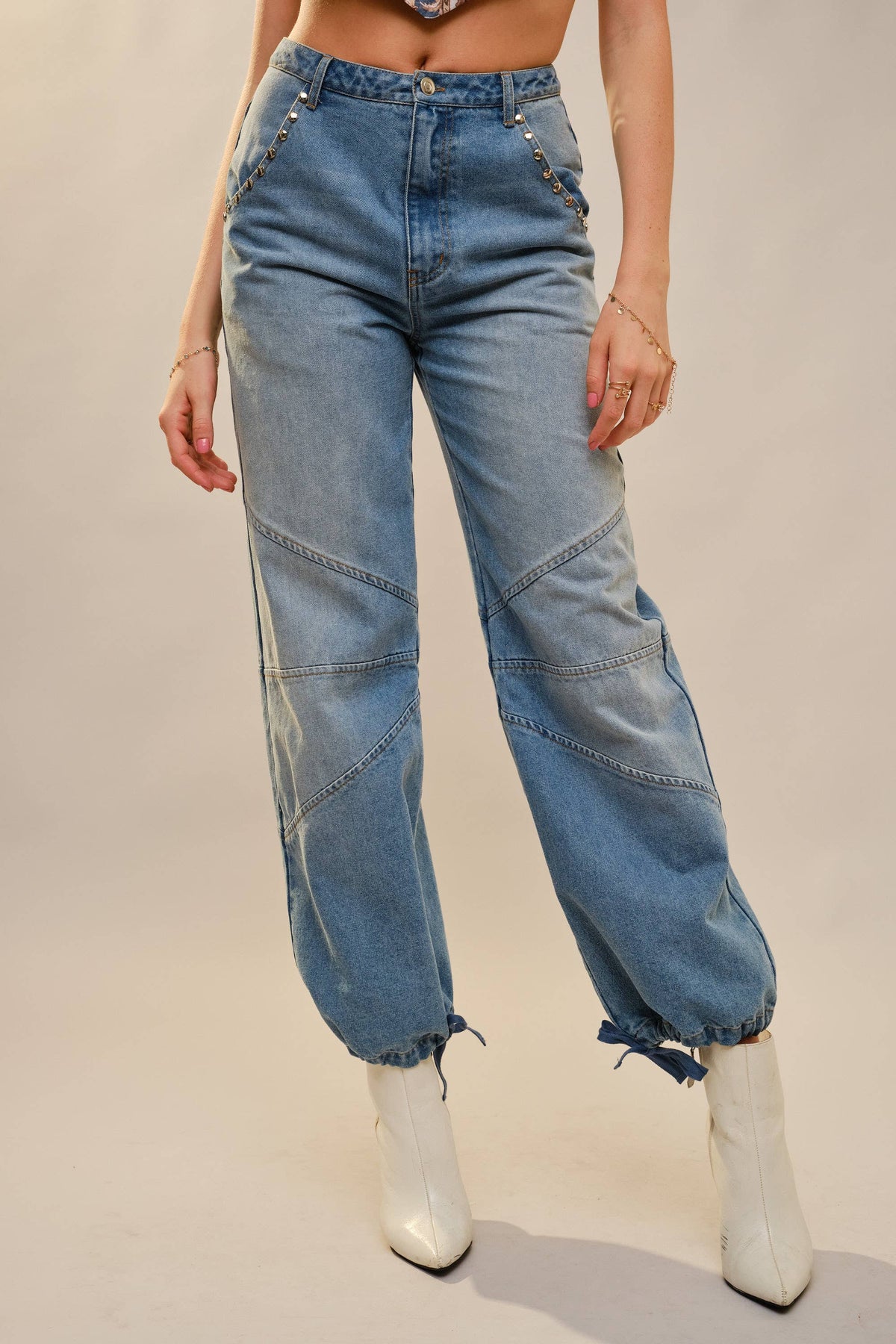 Metal Stud Drawstring Hem Jeans