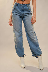 Metal Stud Drawstring Hem Jeans