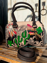 Desert Mirage Tooled Leather Speedy Bag | Hand Painted Western Satchel & Crossbody