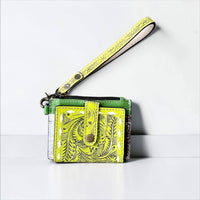 Green yellow tooled leather wristlet wallet