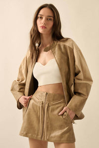 Faux Leather and Suede Zip-Up Mini Skirt