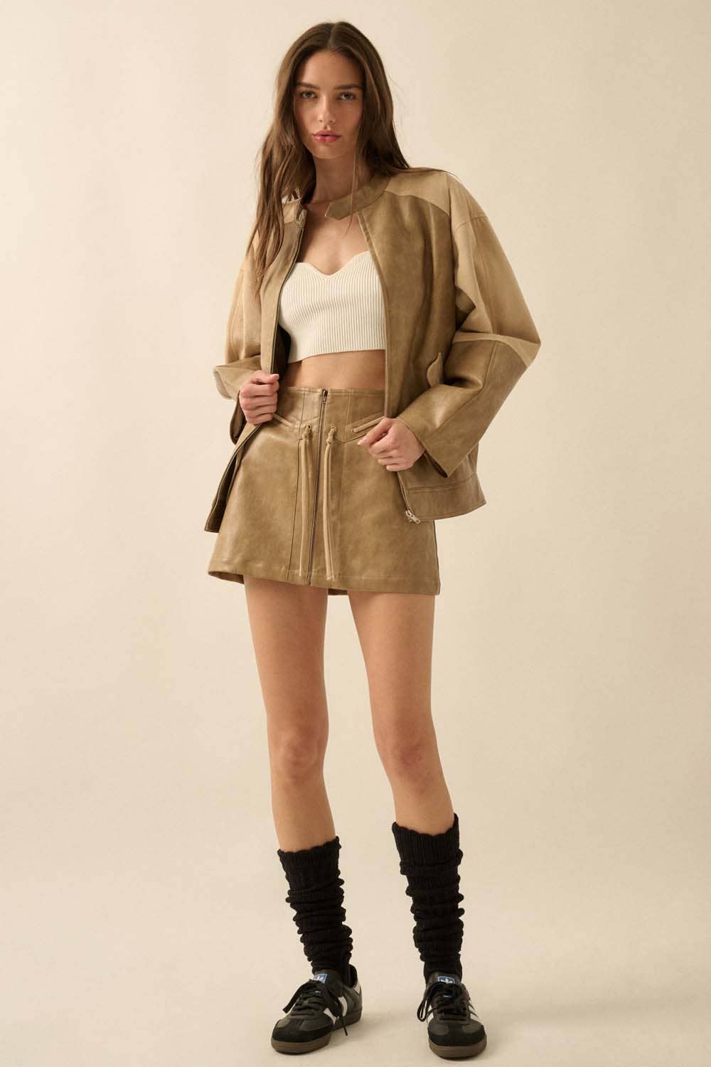 Faux Leather and Suede Zip-Up Mini Skirt