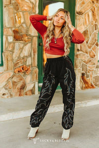 Black Boot Stitch Printed Elastic Waist Jogger Pants