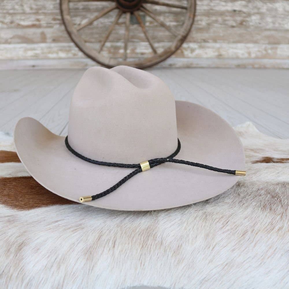 Black Braided Leather Hat Band with Gold Slide Closure