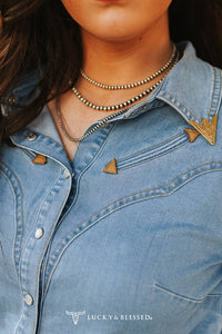 Denim Stretch Button Down Western Pearl Snap Shirt
