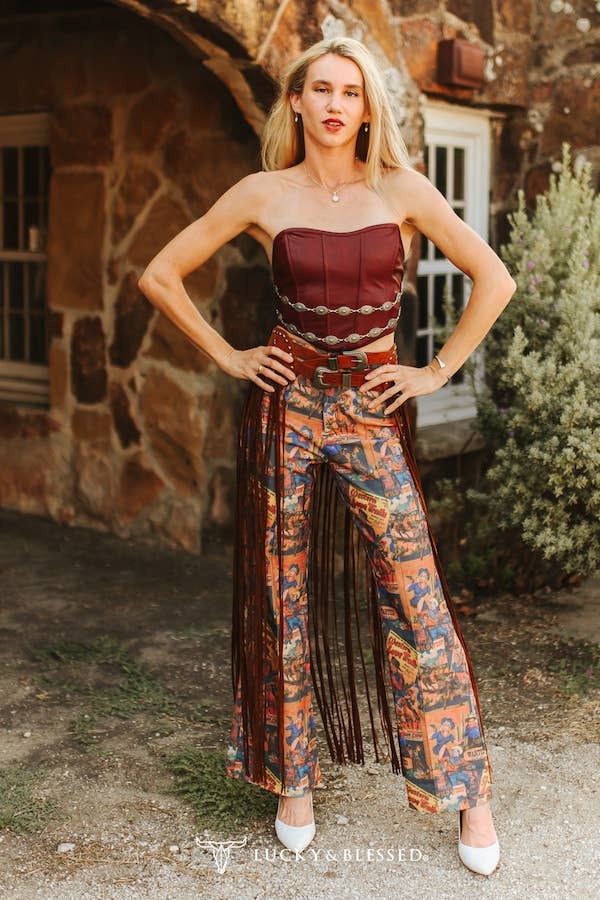 Camel Western Genuine Leather Long Fringe Belt