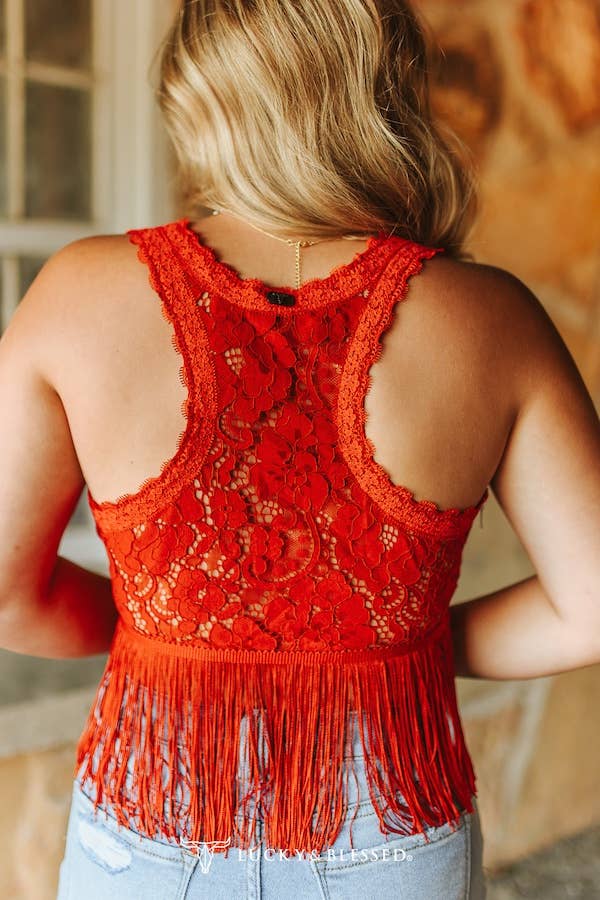 Red Lace Fringe Hem Crop Top