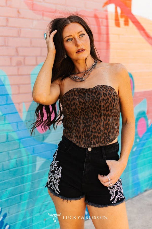 Leopard Stretch Denim Corset Strapless Top