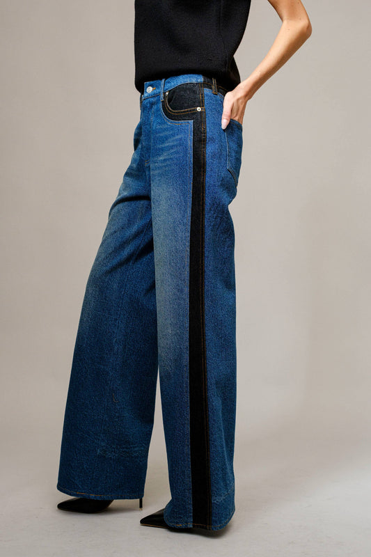 Western Two Tone Panel Wide Denim Jeans