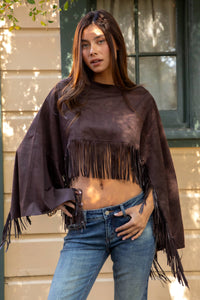 STALLION Faux Suede Cropped Flowy Fringe Poncho