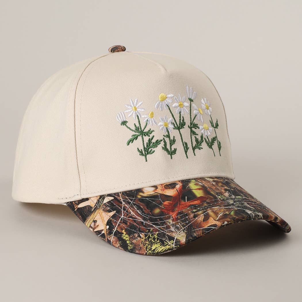 Daisy Bloom Embroidered Cotton Camo Baseball Cap