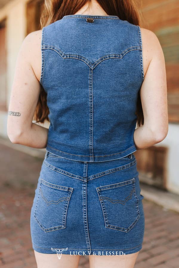 Dark Wash Stretch Denim Button Embroidered Vest W Skirt Set