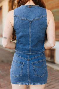 Dark Wash Stretch Denim Button Embroidered Vest W Skirt Set