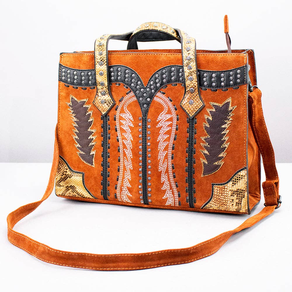 Genuine Suede Tote Bag with Boot Stitching and Rivet Accents