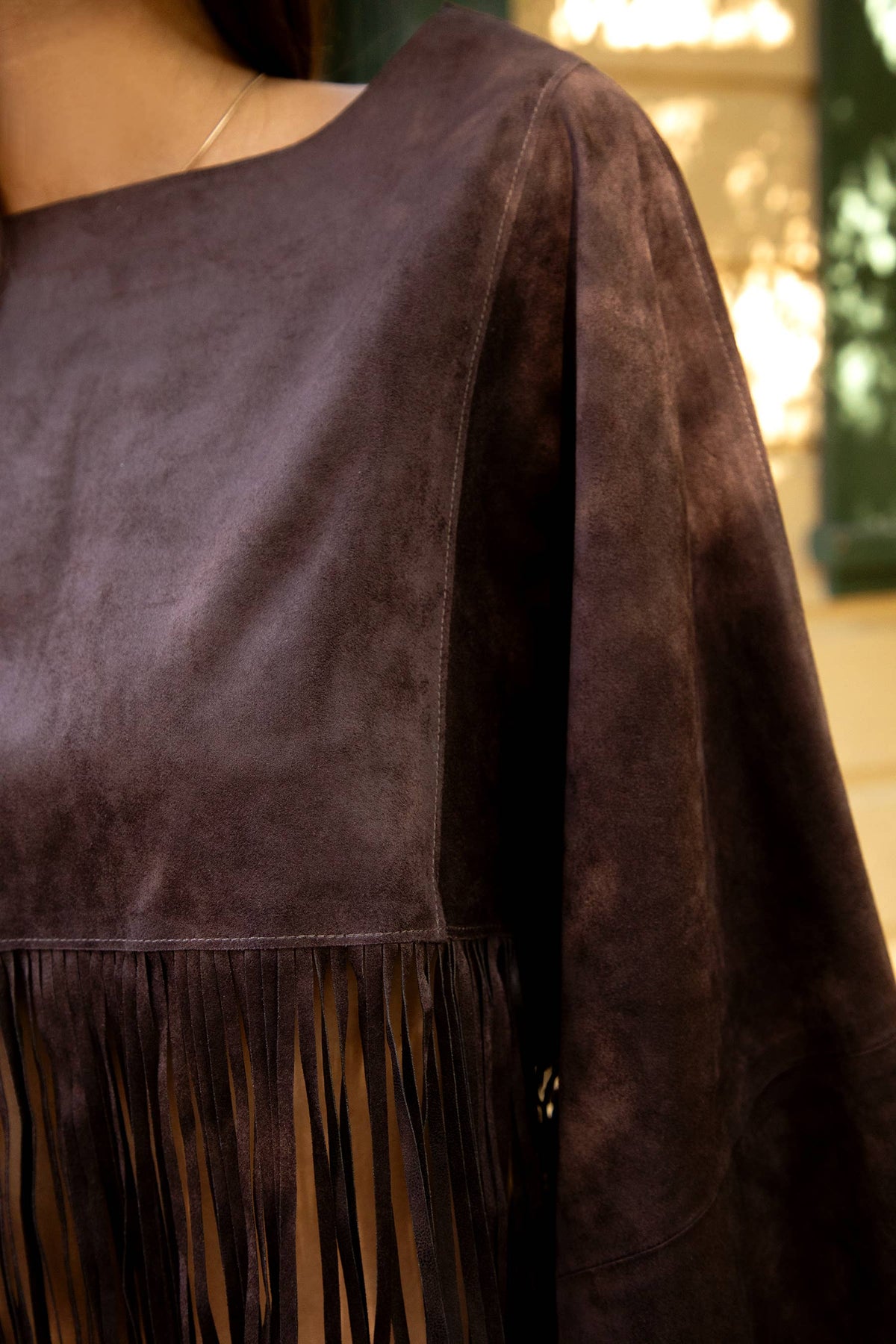 STALLION Faux Suede Cropped Flowy Fringe Poncho