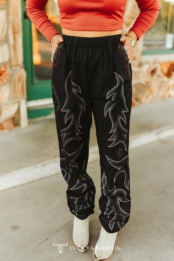 Black Boot Stitch Printed Elastic Waist Jogger Pants