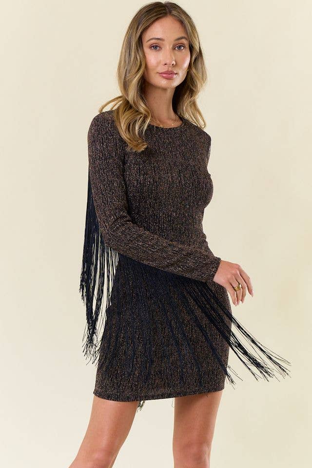 METALLIC MOCHA FRINGED BODYCON DRESS