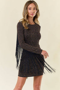 METALLIC MOCHA FRINGED BODYCON DRESS