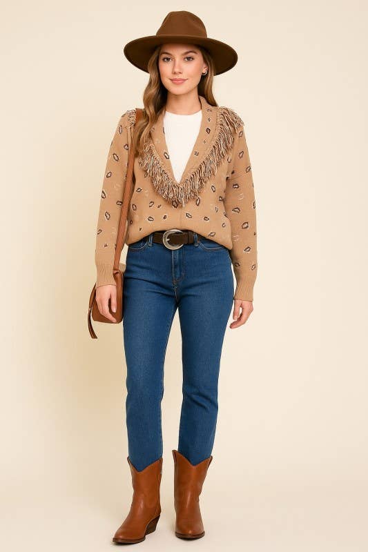 Paisley Printed Cardigan With Fringe Collar