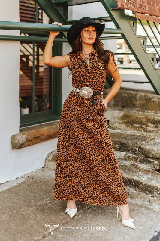 Brown Leopard Stretch Denim Sleeveless Concho Dress