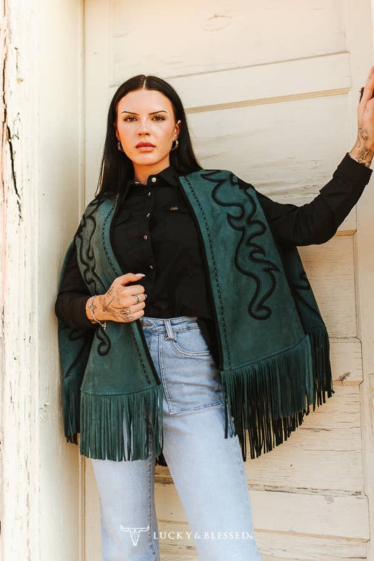 Teal Suede Black Embroidered Bootstitch Fringe Cape