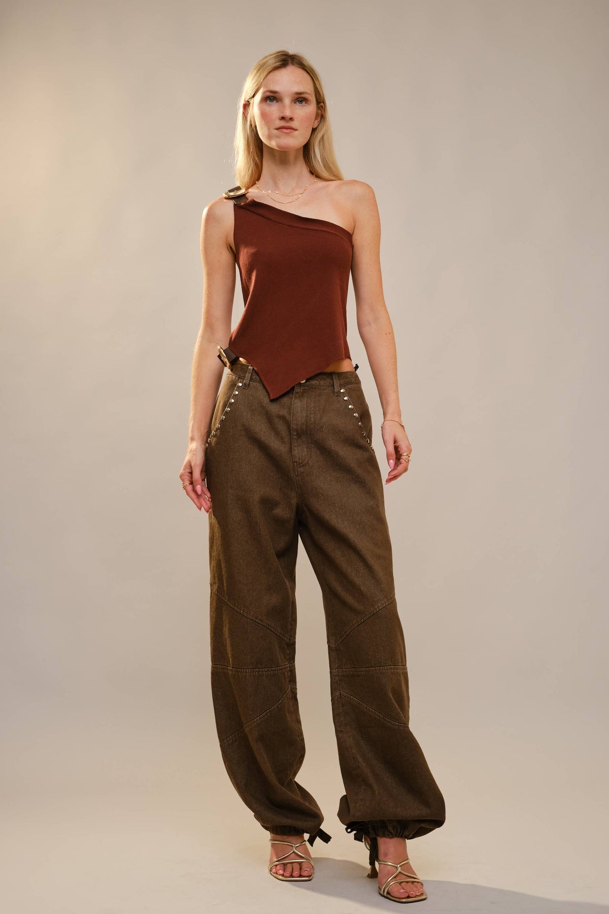 Metal Stud Drawstring Hem Jeans
