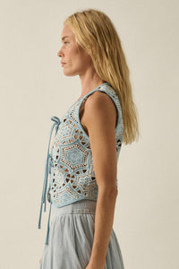 Denim Cutout Embroidered Floral Tie-Front Vest